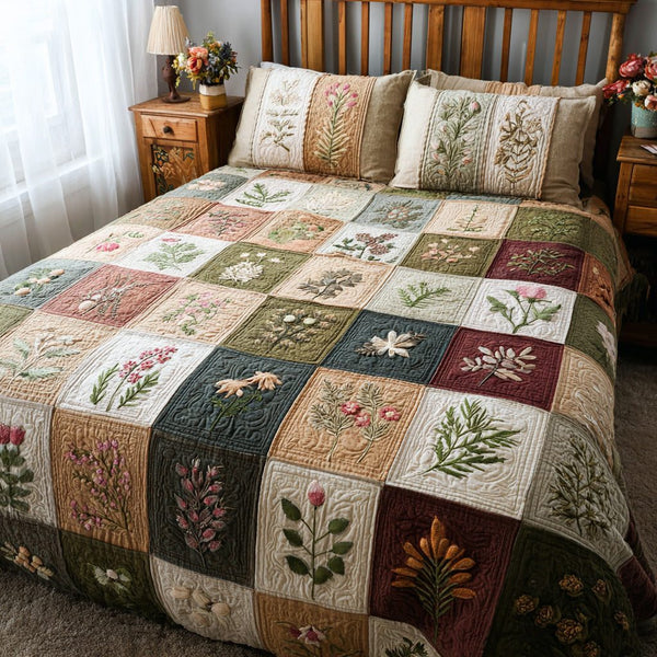 Vintage Meadow quilted 3-piece bedding set on a made bed in a farmhouse bedroom