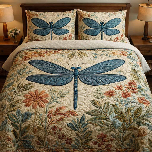 Vintage Mist quilted 3-piece bedding set on a made bed in a farmhouse bedroom