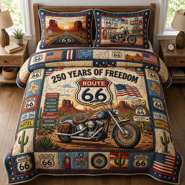 Vintage Motorbike Route 66 quilted 3-piece bedding set on a made bed in a farmhouse bedroom