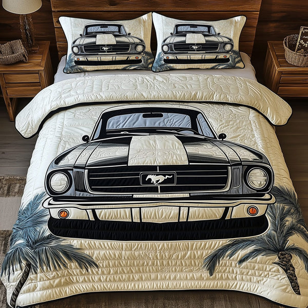 Vintage Mustang quilted 3-piece bedding set on a made bed in a farmhouse bedroom