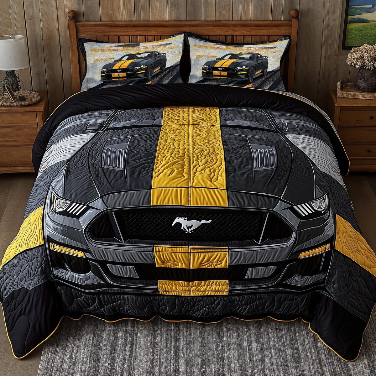 Vintage Mustang quilted 3-piece bedding set on a made bed in a farmhouse bedroom