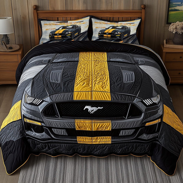Vintage Mustang quilted 3-piece bedding set on a made bed in a farmhouse bedroom