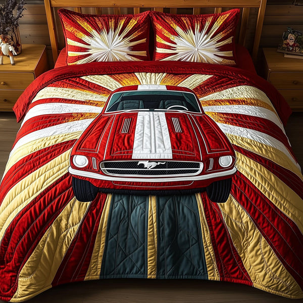 Vintage Mustang quilted 3-piece bedding set on a made bed in a farmhouse bedroom