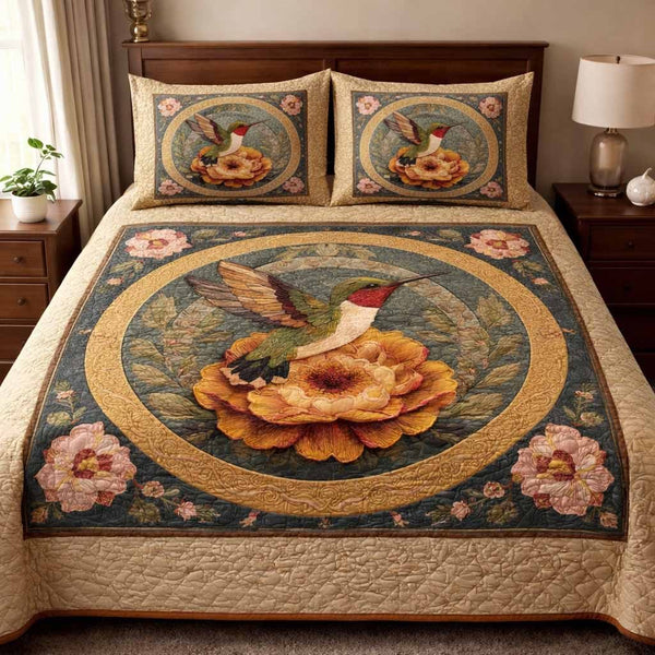 Vintage Nectar quilted 3-piece bedding set on a made bed in a farmhouse bedroom