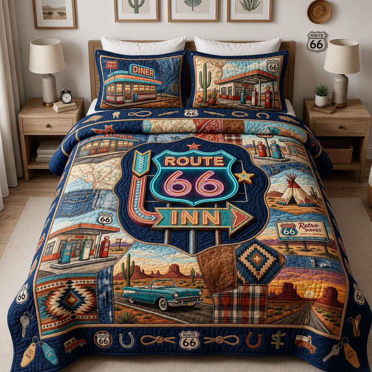 Vintage Neon Motel Sign quilted 3-piece bedding set on a made bed in a farmhouse bedroom