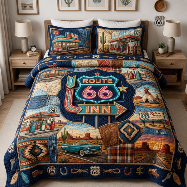 Vintage Neon Motel Sign quilted 3-piece bedding set on a made bed in a farmhouse bedroom