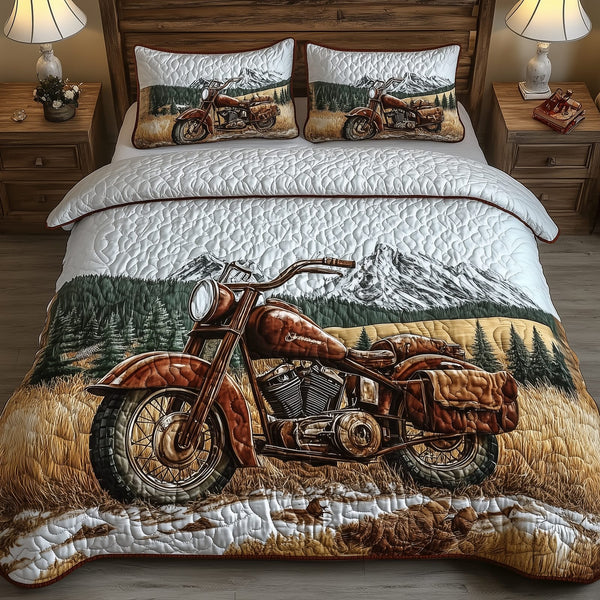 Vintage Old Motorcycle quilted 3-piece bedding set on a made bed in a farmhouse bedroom