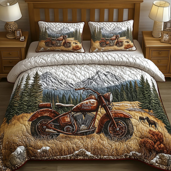 Vintage Old Motorcycle quilted 3-piece bedding set on a made bed in a farmhouse bedroom