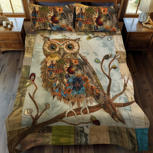 Vintage Owl Patchwork quilted 3-piece bedding set on a made bed in a farmhouse bedroom