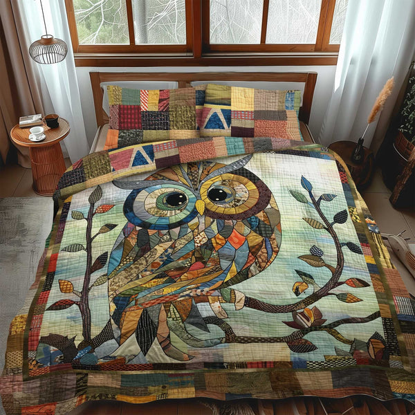 Vintage Owl Patchwork quilted 3-piece bedding set on a made bed in a farmhouse bedroom