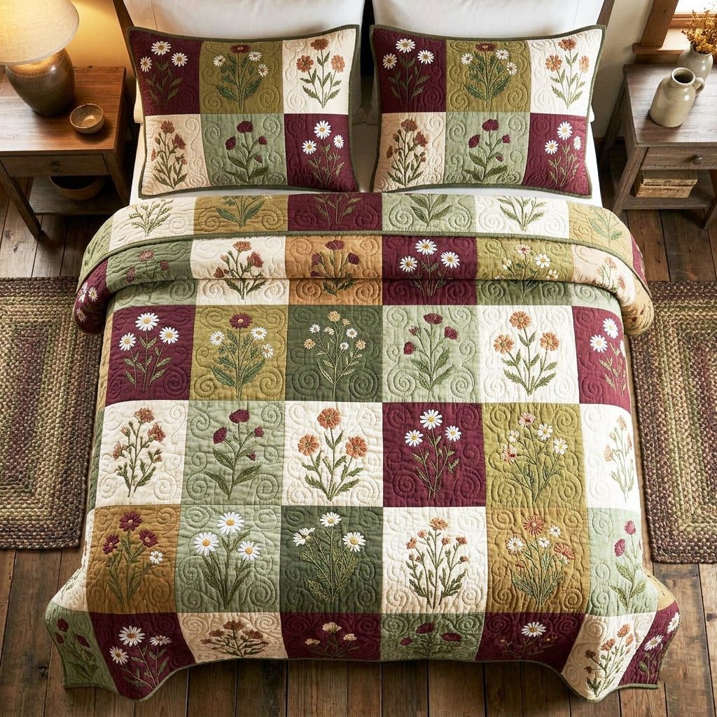 Vintage Patch Meadow quilted 3-piece bedding set on a made bed in a farmhouse bedroom