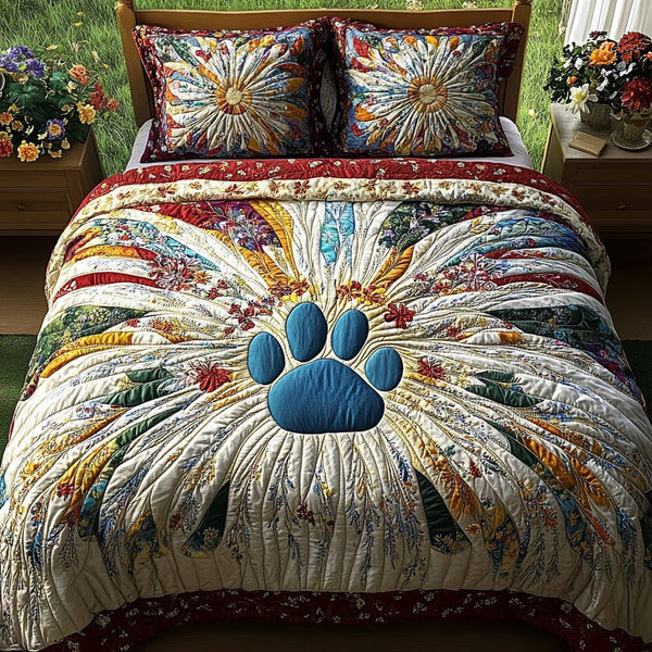 Vintage Patch Paws quilted 3-piece bedding set on a made bed in a farmhouse bedroom