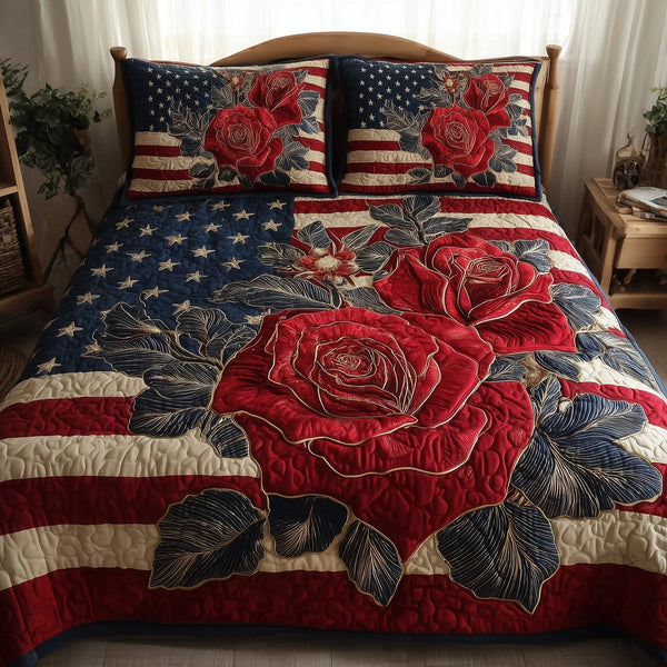 Vintage Patriotic Rose quilted 3-piece bedding set on a made bed in a warmly lit bedroom