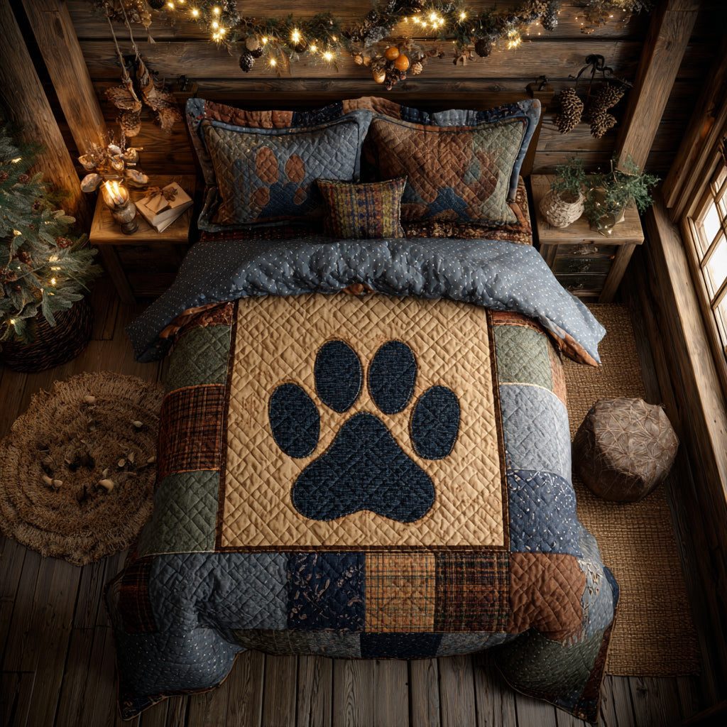 Vintage Paw quilted 3-piece bedding set on a made bed in a farmhouse bedroom