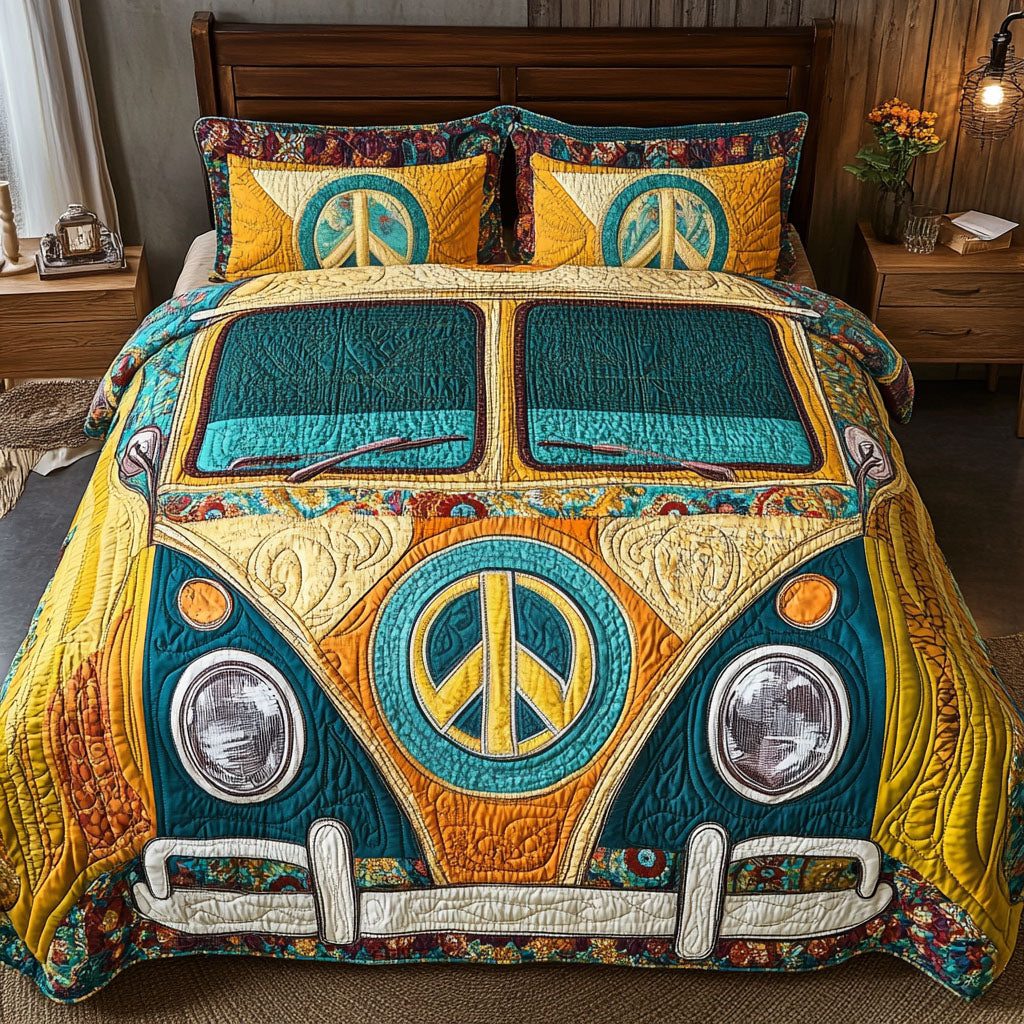 Vintage Peace Bus quilted 3-piece bedding set on a made bed in a farmhouse bedroom