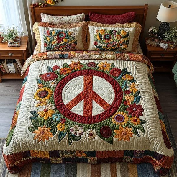 Vintage Peace quilted 3-piece bedding set on a made bed in a farmhouse bedroom