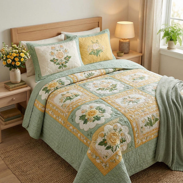 Vintage Petals quilted 3-piece bedding set on a made bed in a farmhouse bedroom