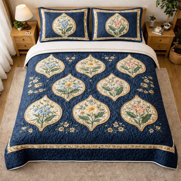 Vintage Petals quilted 3-piece bedding set on a made bed in a farmhouse bedroom
