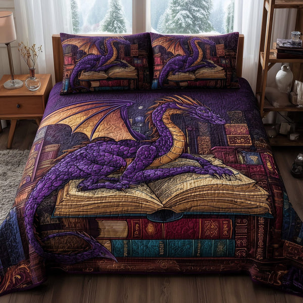 Vintage Purple Dragon quilted 3-piece bedding set on a made bed in a farmhouse bedroom