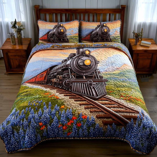 Vintage Rail quilted 3-piece bedding set on a made bed in a farmhouse bedroom
