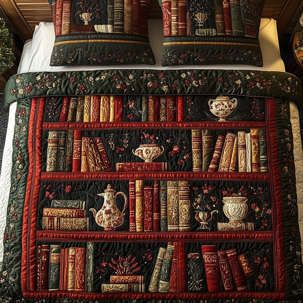 Vintage Reads quilted 3-piece bedding set on a made bed in a farmhouse bedroom