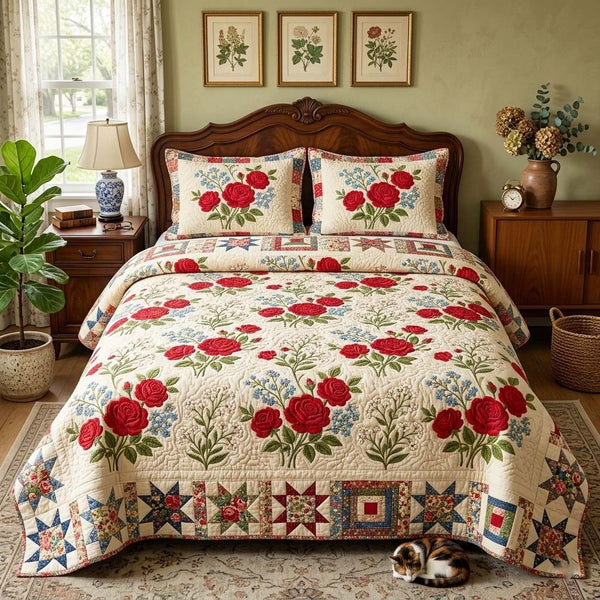 Vintage Red Rose quilted 3-piece bedding set on a made bed in a farmhouse bedroom