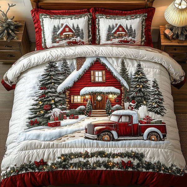 Vintage Red Truck And Cabin quilted 3-piece bedding set on a made bed in a farmhouse bedroom