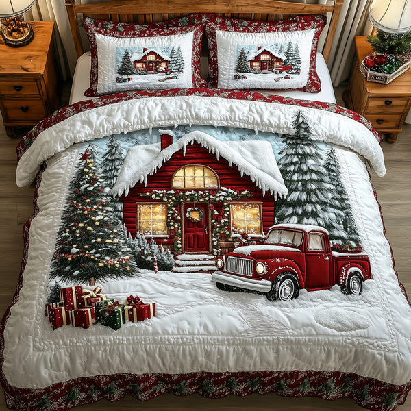 Vintage Red Truck And Cabin quilted 3-piece bedding set on a made bed in a farmhouse bedroom