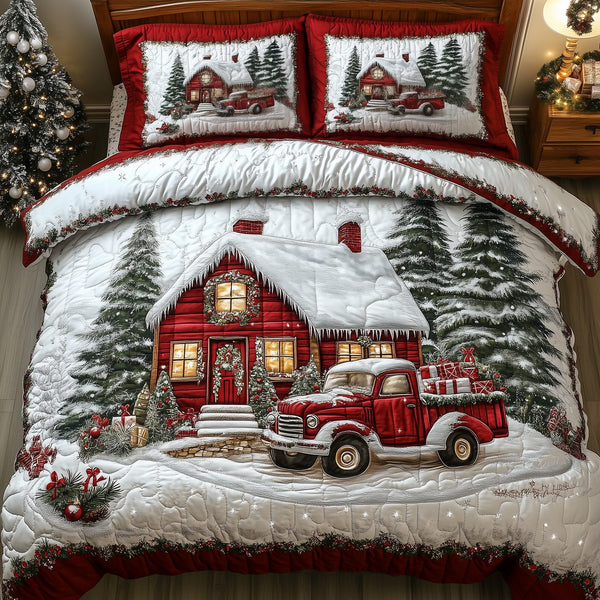 Vintage Red Truck And Cabin quilted 3-piece bedding set on a made bed in a farmhouse bedroom