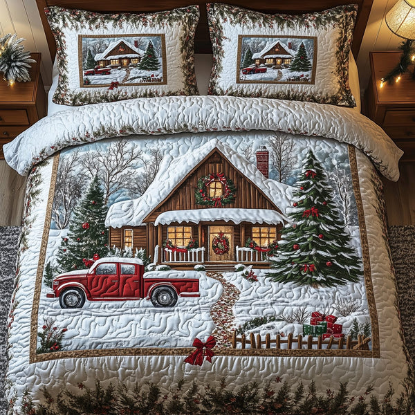 Vintage Red Truck And Cabin quilted 3-piece bedding set on a made bed in a farmhouse bedroom