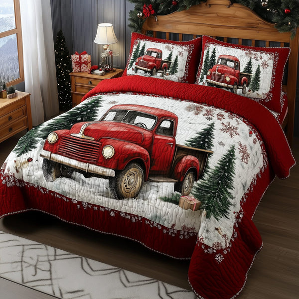 Vintage Red Truck quilted 3-piece bedding set on a made bed in a farmhouse bedroom