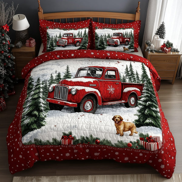 Vintage Red Truck quilted 3-piece bedding set on a made bed in a farmhouse bedroom