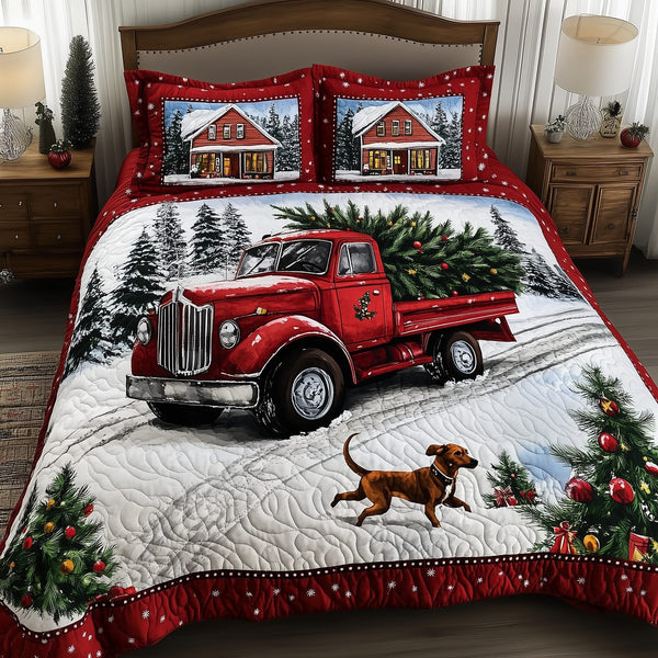 Vintage Red Truck quilted 3-piece bedding set on a made bed in a farmhouse bedroom