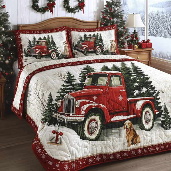 Vintage Red Truck quilted 3-piece bedding set on a made bed in a farmhouse bedroom