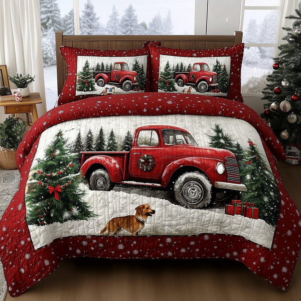 Vintage Red Truck quilted 3-piece bedding set on a made bed in a farmhouse bedroom