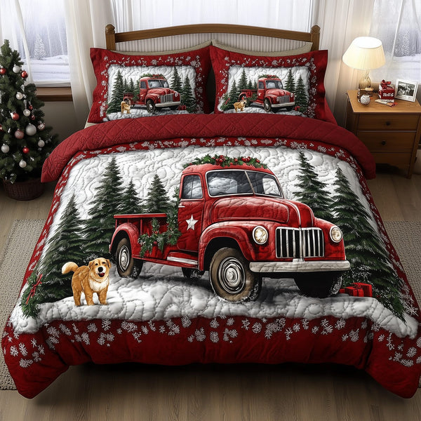 Vintage Red Truck quilted 3-piece bedding set on a made bed in a farmhouse bedroom