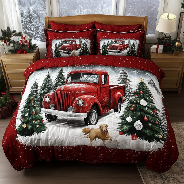 Vintage Red Truck quilted 3-piece bedding set on a made bed in a farmhouse bedroom