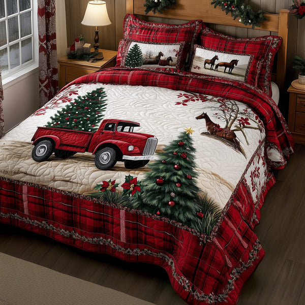 Vintage Red Truck quilted 3-piece bedding set on a made bed in a farmhouse bedroom