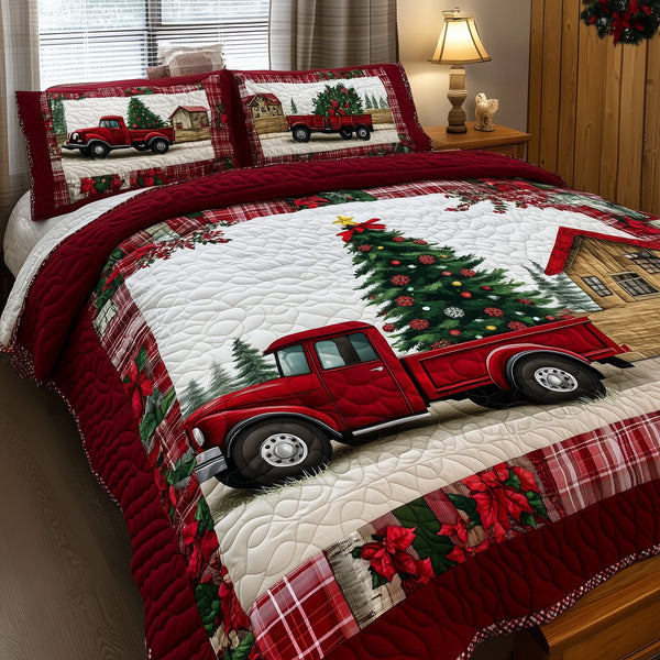 Vintage Red Truck quilted 3-piece bedding set on a made bed in a farmhouse bedroom
