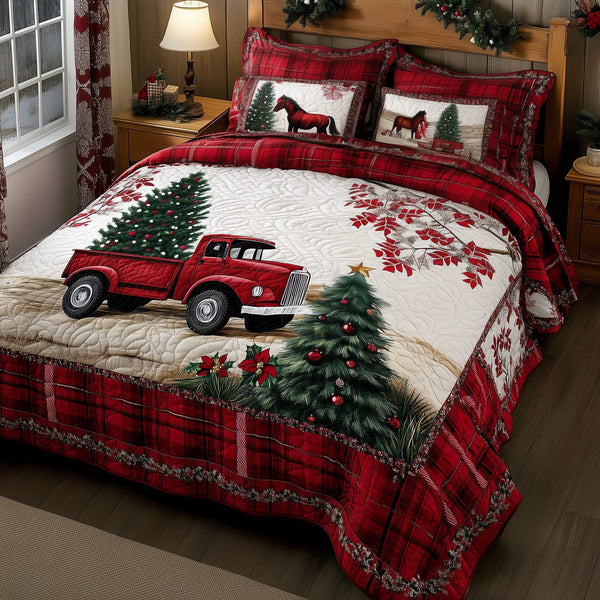 Vintage Red Truck quilted 3-piece bedding set on a made bed in a farmhouse bedroom
