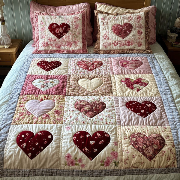 Vintage Rose Hearts quilted 3-piece bedding set on a made bed in a farmhouse bedroom