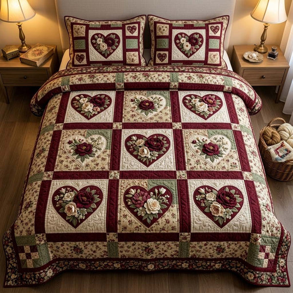 Vintage Rose Patch quilted 3-piece bedding set on a made bed in a farmhouse bedroom