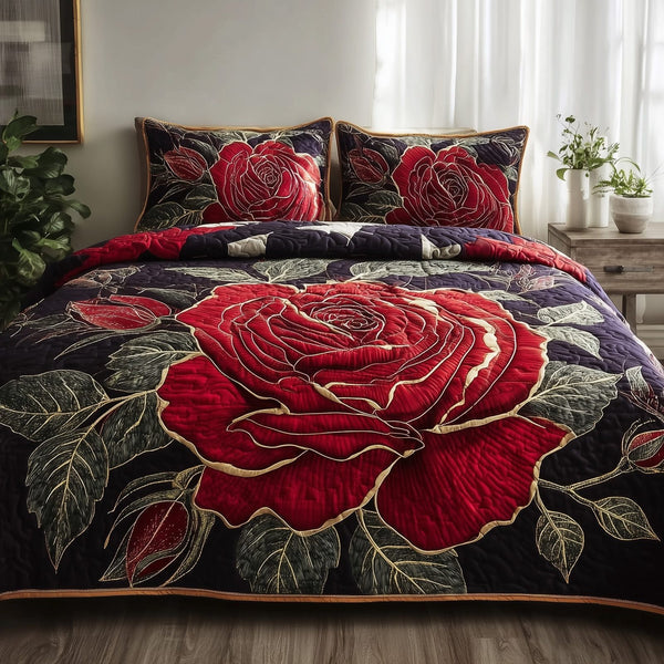 Vintage Rose quilted 3-piece bedding set on a made bed in a farmhouse bedroom