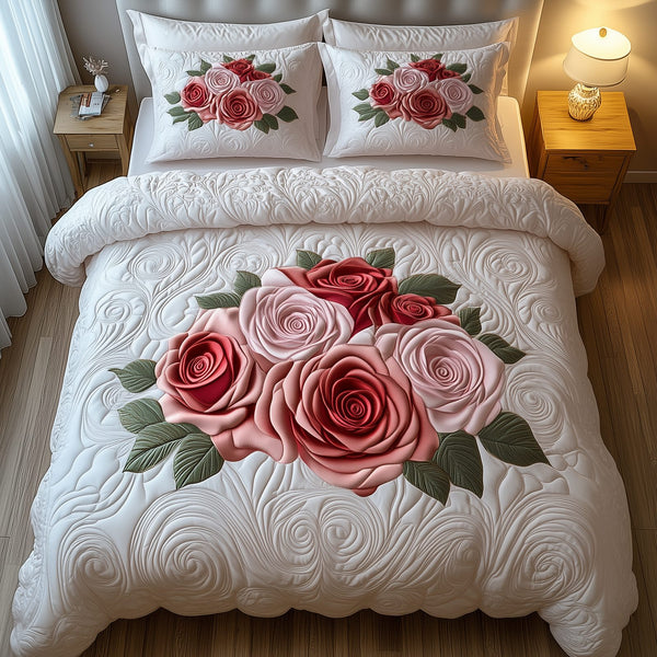 Vintage Roses quilted 3-piece bedding set on a made bed in a farmhouse bedroom