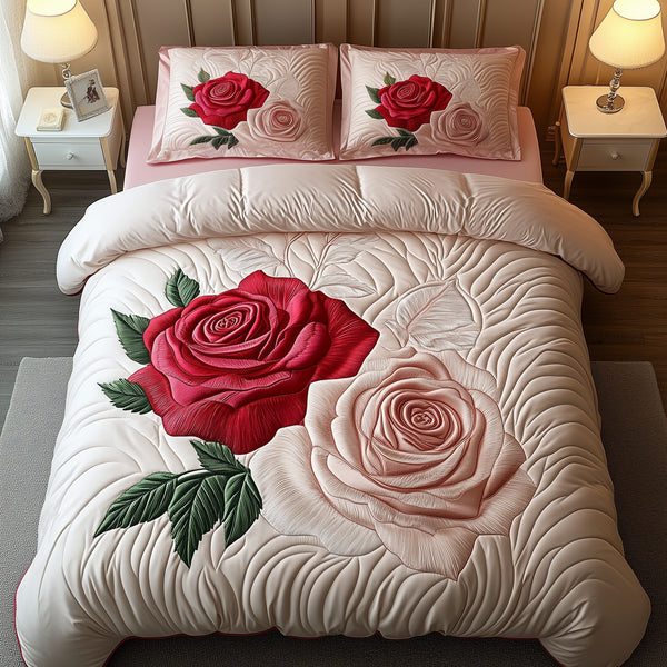 Vintage Roses quilted 3-piece bedding set on a made bed in a farmhouse bedroom