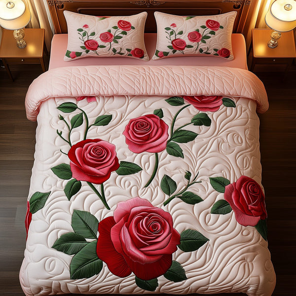 Vintage Roses quilted 3-piece bedding set on a made bed in a farmhouse bedroom