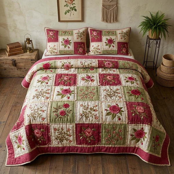 Vintage Roses quilted 3-piece bedding set on a made bed in a farmhouse bedroom
