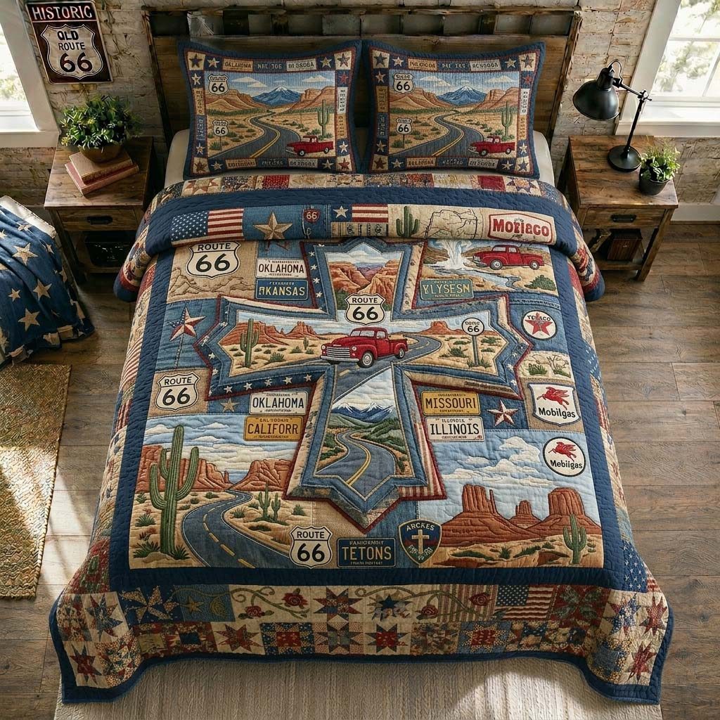 Vintage Route 66 quilted 3-piece bedding set on a made bed in a farmhouse bedroom