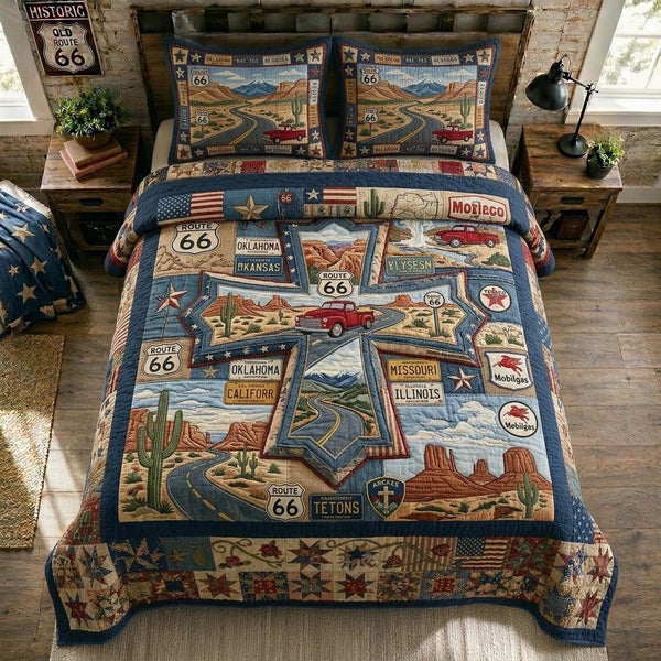 Vintage Route 66 quilted 3-piece bedding set on a made bed in a farmhouse bedroom
