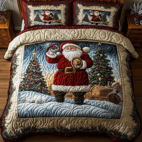 Vintage Santa quilted 3-piece bedding set on a made bed in a winter-styled bedroom